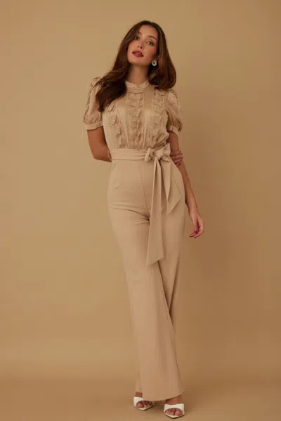 Truedames Multi Butterfly Sheer Pattern Jumpsuit In Brown