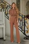 Truedames Multi Butterfly Sheer Pattern Jumpsuit In Brown