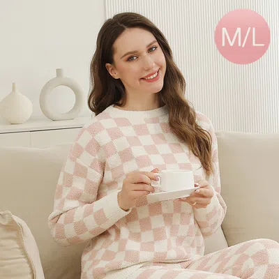 Truedames Multi Checkered Printed Crew Neck Sweater In Pink
