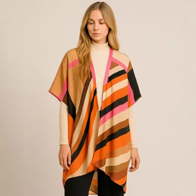 Truedames Multi Color Abstract Stripe Pattern Open Front Kimono Poncho