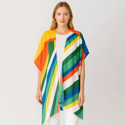 Truedames Multi Color Abstract Stripe Pattern Open Front Kimono Poncho In Yellow