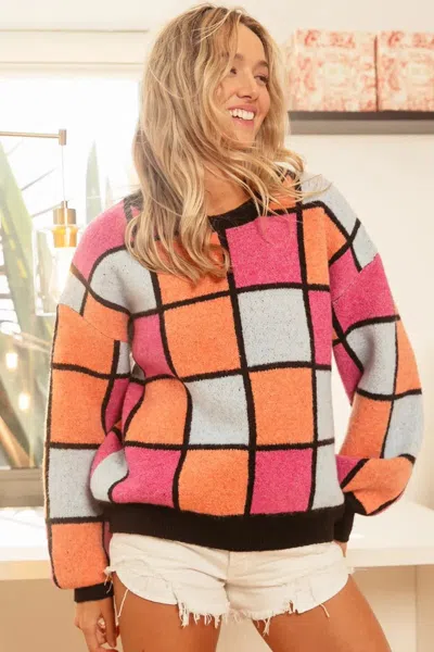 Truedames Multi Color Checker Pattern Sweater In Pink