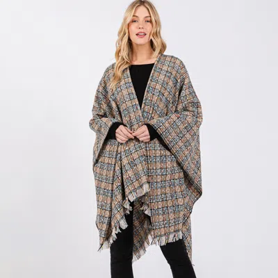 Truedames Multi Color Plaid Pattern Ruana Poncho In Gray