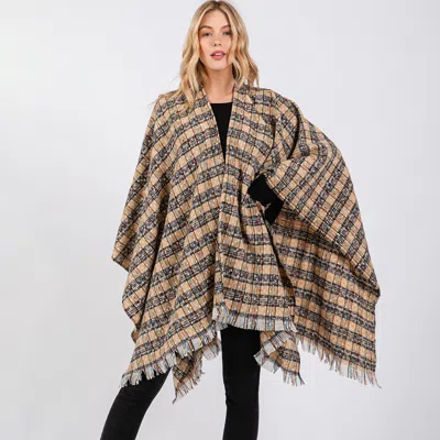 Truedames Multi Color Plaid Pattern Ruana Poncho In Nude