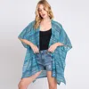 Truedames Multi Color Stripe Crochet Open Front Cover-up Kimono Poncho In Blue