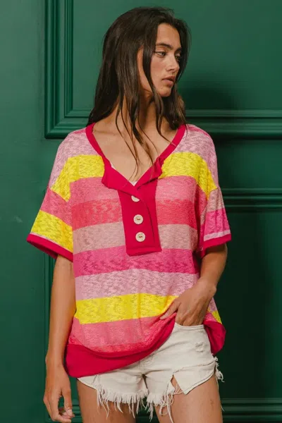 Truedames Multi Color Stripe Hacci Button Detail Ringer Top In Pink