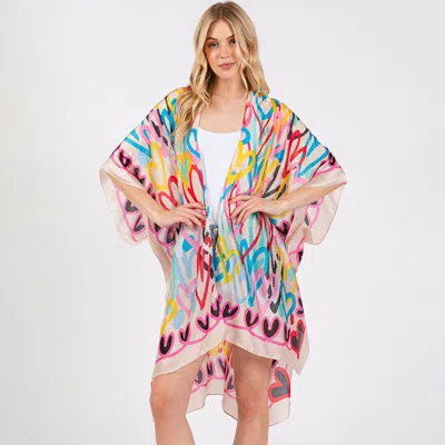 Truedames Multi Colored Heart Print Silky Feel Kimono Poncho