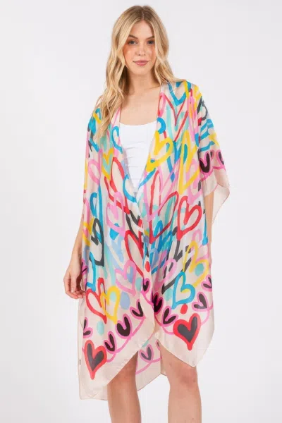 Truedames Multi Colored Heart Print Silky Feel Kimono In Sand