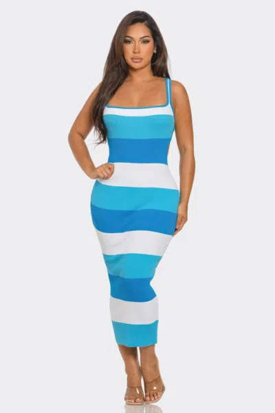 Truedames Multi Stripe Stretchy Knit Midi Dress In Blue