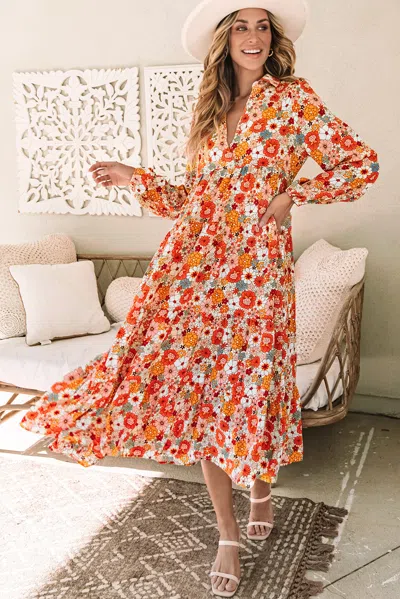 Truedames Multicolor Boho Floral Collared Long Sleeve Ruffled Dress