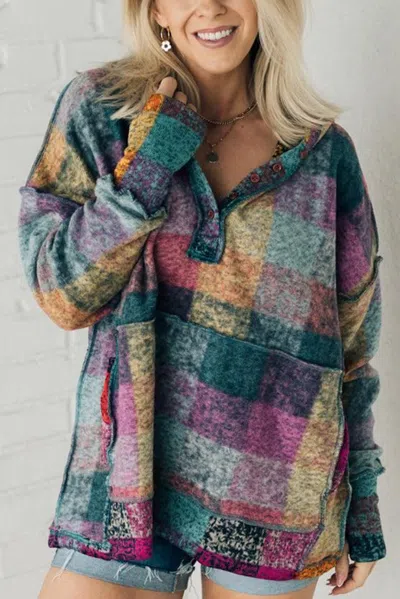 Truedames Multicolor Brushed Plaid Buttoned Pullover Oversized Hoodie In Blue