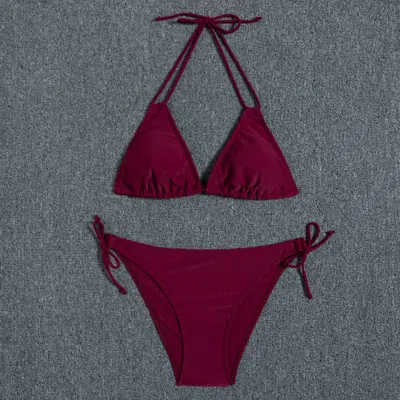 Truedames Multi-color Printed Neck Strap Halter Sexy Split Bikini Swimsuit In Burgundy