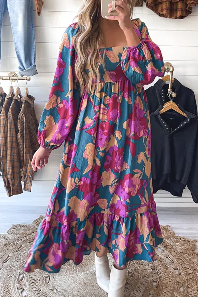 Truedames Multicolour Floral Print Square Neck Ruffled High Waist Dress