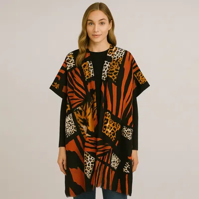 Truedames Multo Animal Print Open Front Kimono Poncho In Orange