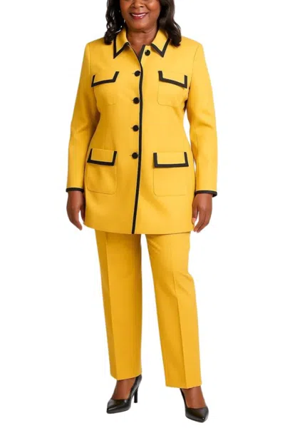 Truedames Mustard Pointed Contrast Trim Neckline Chest Hip Pockets Long Sleeves Blazer Straight-leg Trousers P In Yellow