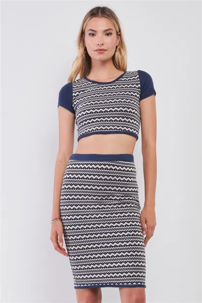 Truedames Navy & White Geometrical Pattern Short Sleeve Crop Top & High-waisted Pencil Skirt Two Piece Set In Blue