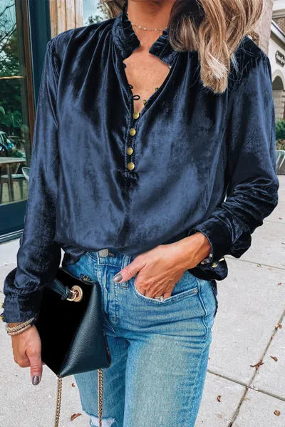 Truedames Navy Blue Frilled Neck Buttoned Front Velvet Top