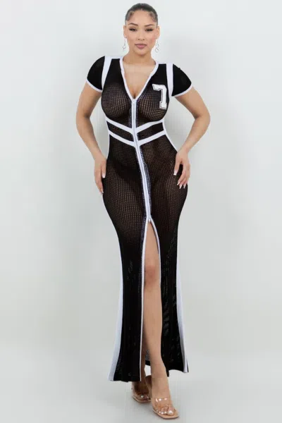 Truedames Netting 2 Way Front Zipper Maxi Dress In Black