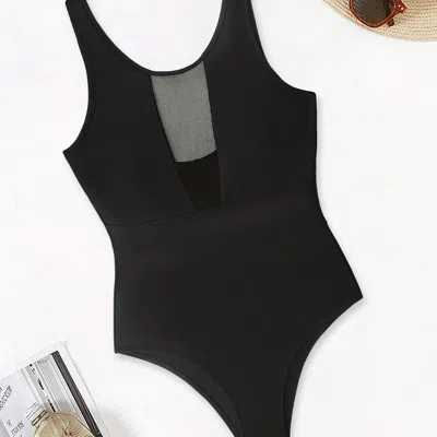 Truedames New Sexy One Piece Black Mesh Bikini Solid Color