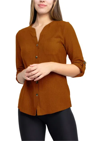 Truedames Notched Button Down 3/4 Sleeve Solid Knit Top With Front Pocket In Brown