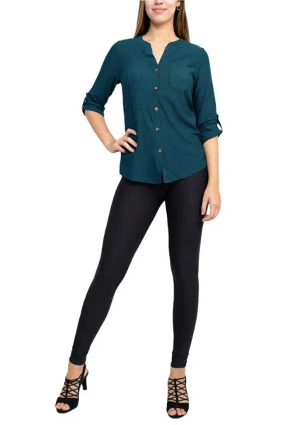 Truedames Notched Button Down 3/4 Sleeve Solid Knit Top With Front Pocket In Green