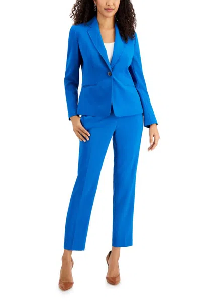 Truedames Notched Collar 1 Button Jacket With Button Hook Zipper Closure Pants (petite) In Blue