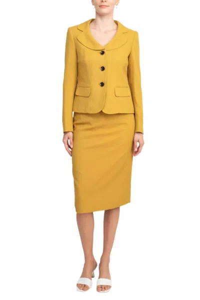 Truedames Notched Collar 3 Button Flap Pocket Square Texture Jacket With Zipper Back Skimmer Skirt (two Piece) In Yellow