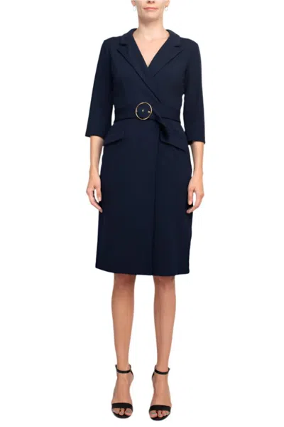 Truedames Notched Collar 3/4 Sleeves Solid Belted Stretch Crepe Dress In Blue