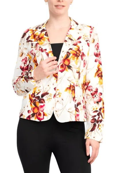 Truedames Notched Collar Long Sleeve 2 Button Closure Floral Print Cotton Blend Blazer In White