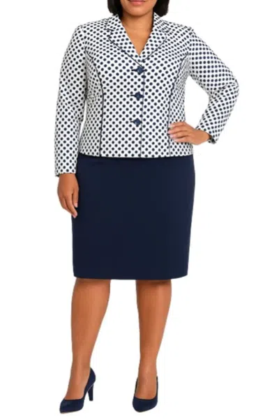 Truedames Notched Collar Long Sleeves Tailored Seams Jacket With Straight Navy Two-piece Skirt Suit (plus Size In Blue