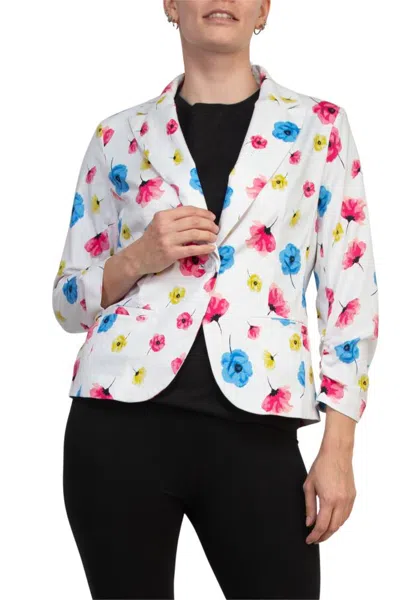 Truedames Notched Lapel Collar Bright White Floral Print Cropped Fit Blazer