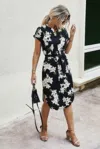 Truedames Notched Neck Floral Print Belted Fit Dress In Black