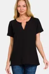 Truedames Notched Short Sleeve Waffle T-shirt In Black