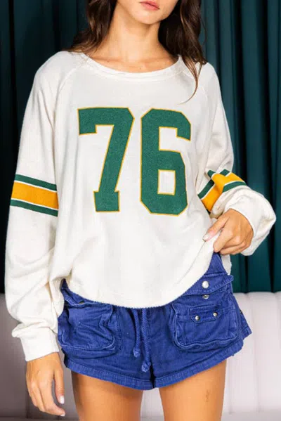 Truedames Number 76 Printed Retro Sporty Long Sleeve Top In White