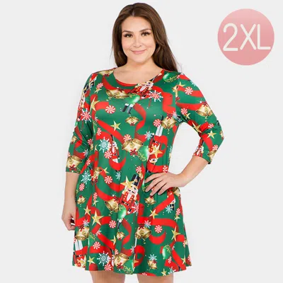 Truedames Nutcracker Christmas Print A-line Dress In Green