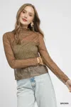 Truedames Nylon Lace Mesh Long Sleeve Top In Brown