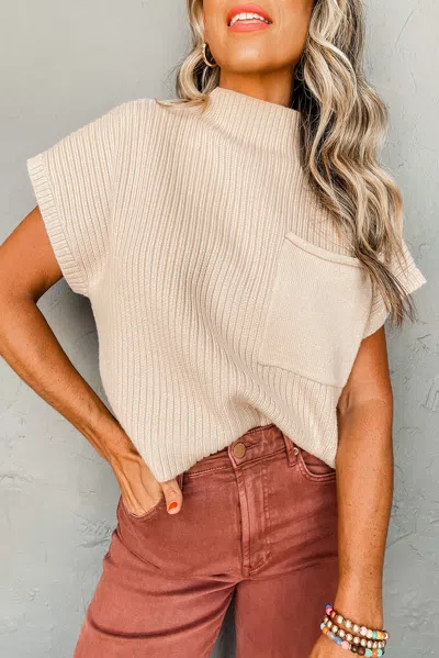 Truedames Oatmeal Patch Pocket Ribbed Knit Short Sleeve Sweater In Neutral