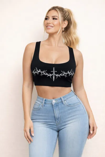 Truedames Obsidian Cross Black Graphic Crop Tank Top In Multi