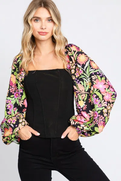 Truedames Oddi Full Size Floral Balloon Sleeve Blouse In Black
