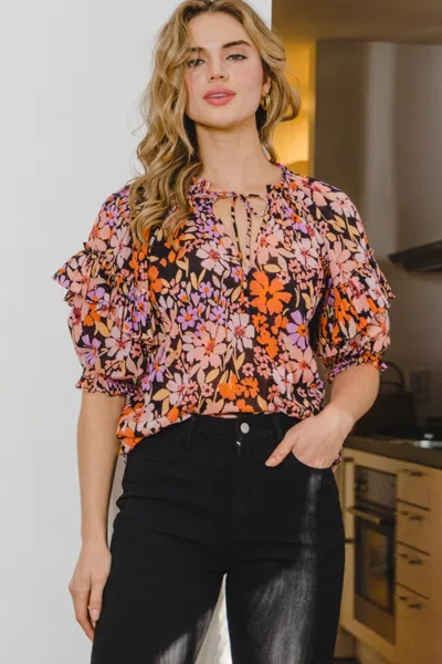 Truedames Oddi Full Size Floral Tie Neck Ruffled Blouse In Multi
