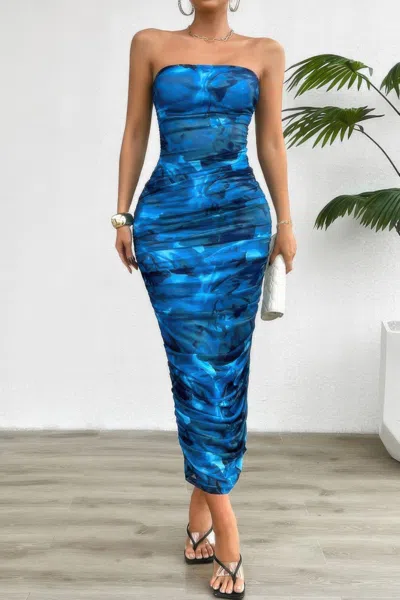 Truedames Off Shoulder Allover Print Pleated Bodycon Dress In Blue