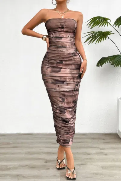 Truedames Off Shoulder Allover Print Pleated Bodycon Dress In Multi