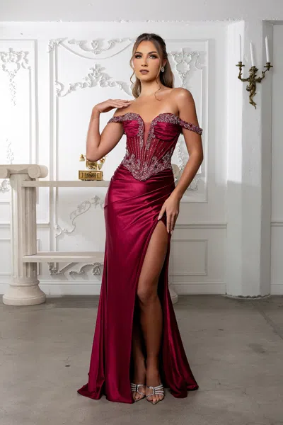 Truedames Off Shoulder Beaded Corset Satin Evening Gown With Lace-up Back & Thigh Slit In Burgundy