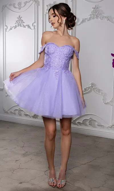 Truedames Off Shoulder Beaded Lace Appliqué Cocktail Dress Glitter Tulle A-line Dress In Blue