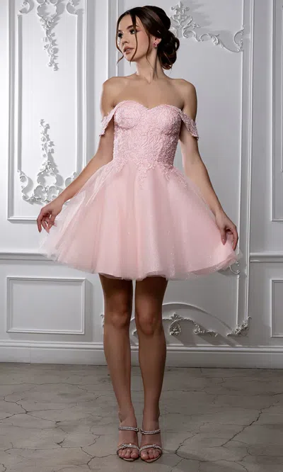 Truedames Off Shoulder Beaded Lace Appliqué Cocktail Dress Glitter Tulle A-line Dress In Pink