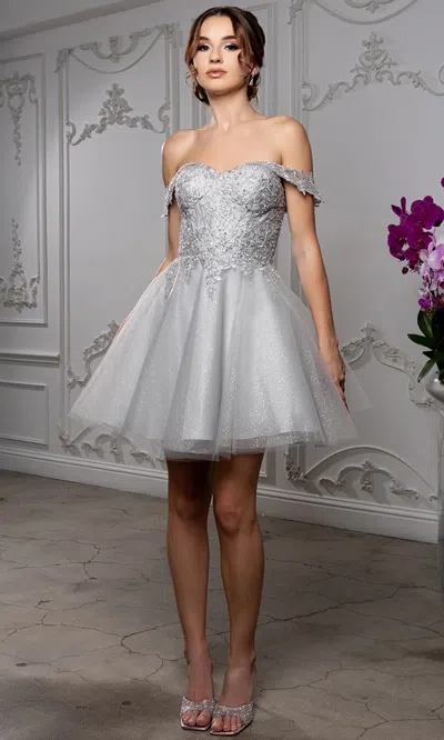 Truedames Off Shoulder Beaded Lace Appliqué Cocktail Dress Glitter Tulle A-line Dress In Silver