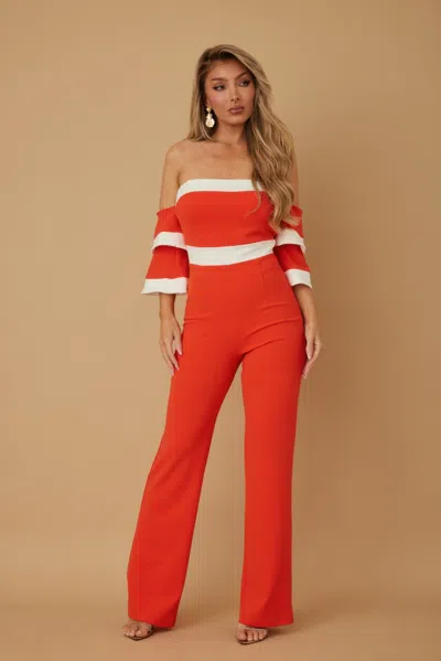 Truedames Off Shoulder Black N White Color Combo Jumpsuit In Red