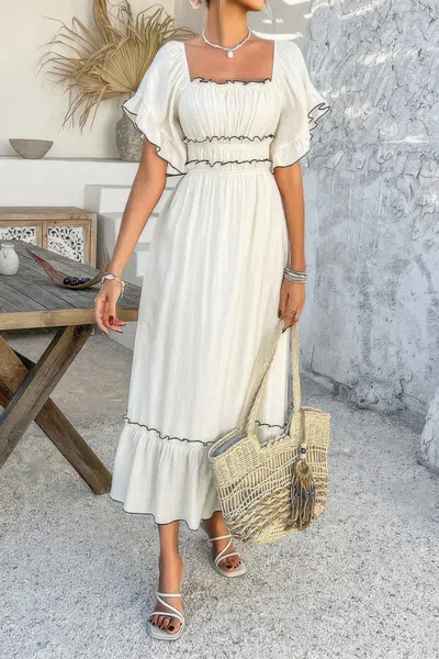 Truedames Off Shoulder Bodycon Backless Ruffle Trim Dress In White