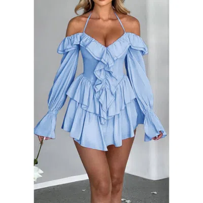 Truedames Off Shoulder Corset Ruffle Halter Mini Dress In Blue