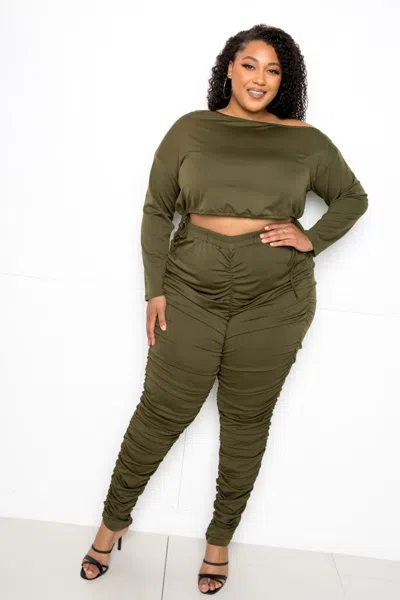 Truedames Off Shoulder Cropped Top And Ruched Leggings Sets In Green